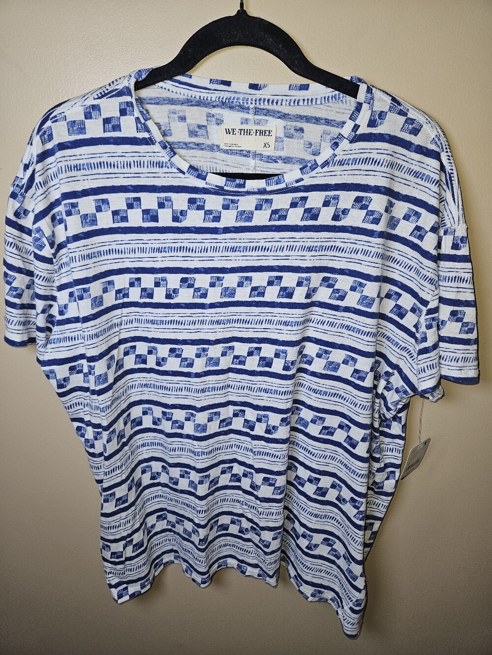 We The Free People Blue White Printed Cotton Lightweight Oversized TShirt XS NEW